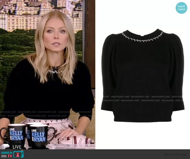 WornOnTV: Kelly’s black embellished sweater and print skirt on Live ...