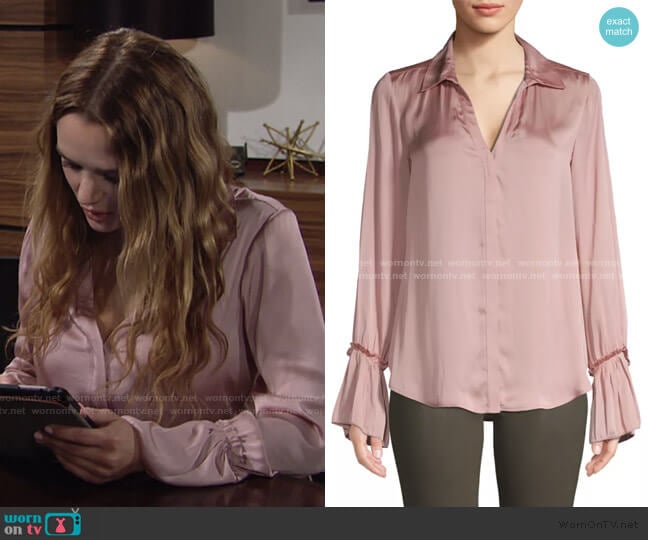 Abriana Ruffle Cuff Satin Shirt by Paige Jeans worn by Summer Newman (Hunter King) on The Young and the Restless