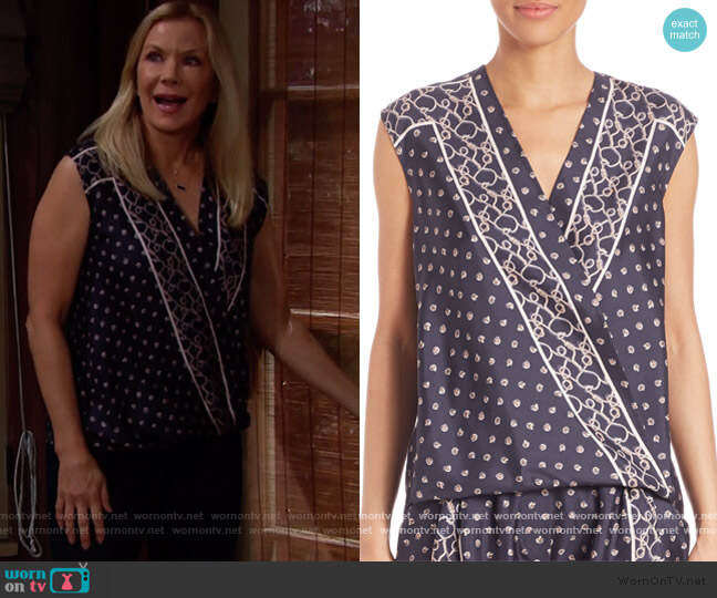 Navy Silk Scarf Printed Top by Phillip Lim 3.1 worn by Brooke Logan (Katherine Kelly Lang) on The Bold & the Beautiful