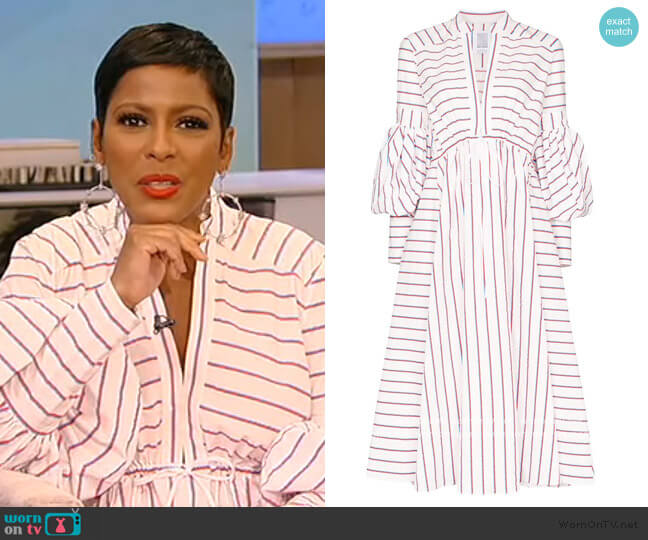 lantern-sleeve stripe midi dress by Rosie Assoulin worn by Tamron Hall on Tamron Hall Show