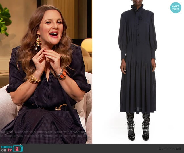 Houndstooth Jacquard Long Sleeve Midi Dress by Saint Laurent worn by Drew Barrymore on The Drew Barrymore Show