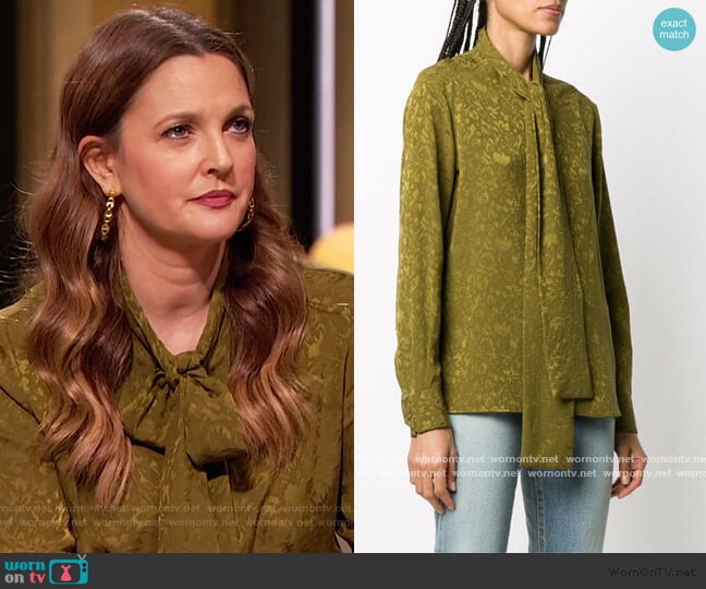 Tie neck Silk Jacquard Shirt by Saint Laurent worn by Drew Barrymore on The Drew Barrymore Show