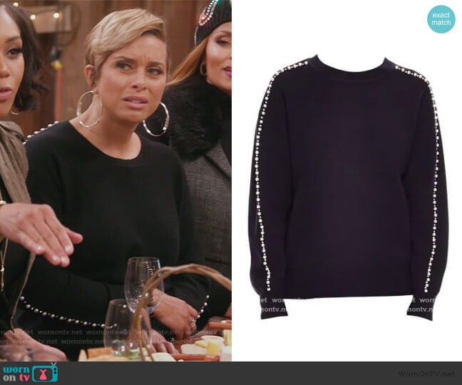 Wool Blend Embellished Crew Sweater by Sandro worn by Robyn Dixon on The Real Housewives of Potomac