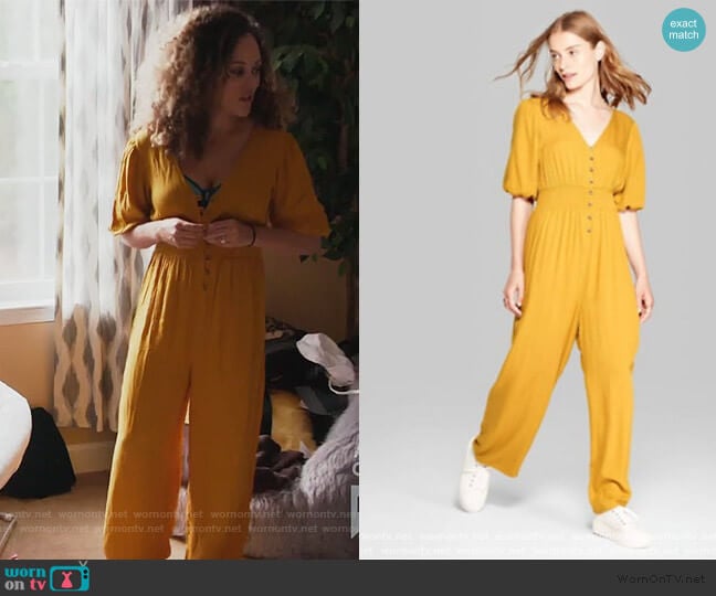 Mustard Puff Jumpsuit by Wild Fable at Target worn by Ashley Darby on The Real Housewives of Potomac