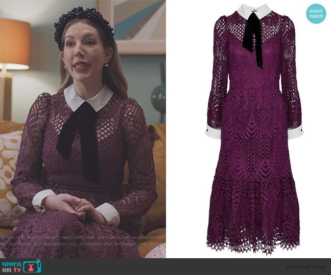 New Moon velvet-trimmed corded lace midi dress by Temperly London worn by Katherine (Katherine Ryan) on The Duchess