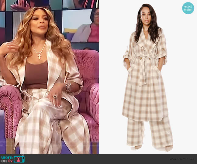 She Loves the Attention Plaid Trench and Pants by The Cara Santana Collection worn by Wendy Williams on The Wendy Williams Show