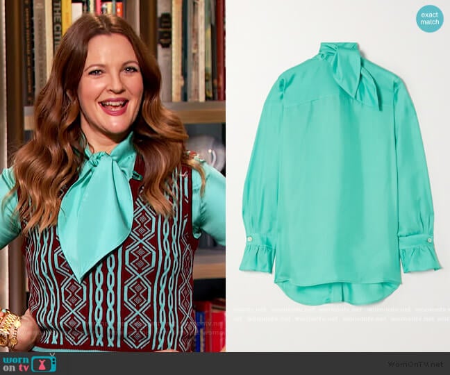 Tie-neck silk-twill blouse by Victoria Beckham worn by Drew Barrymore on The Drew Barrymore Show