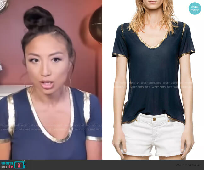 Tino Gold Foil-Trimmed Tee by Zadig & Voltaire worn by Jeannie Mai on The Real