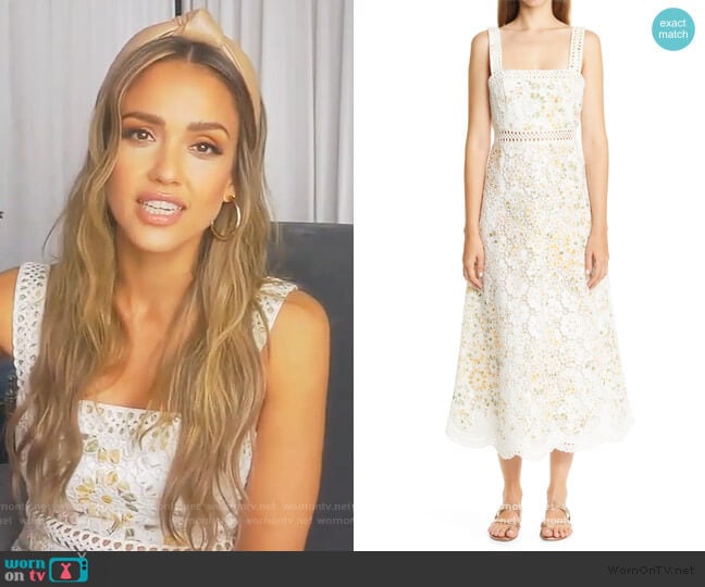 Amelie Floral Broderie Anglaise Midi Sundress by Zimmermann worn by Jessica Alba on Live with Kelly