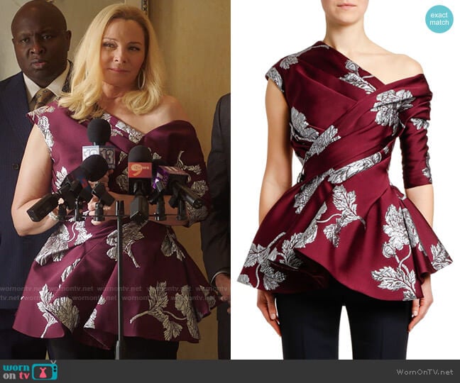 Alexander McQueen Asymmetric Northern-Rose Brocade Top worn by Margaret Monreaux (Kim Cattrall) on Filthy Rich