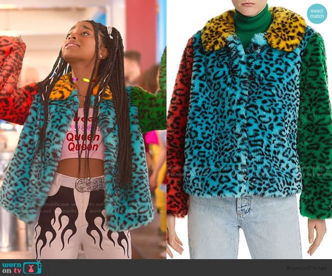 Jerri Color-Block Leopard-Print Faux Fur Coat by Alice + Olivia worn by Flynn (Jadah Marie) on Julie and the Phantoms