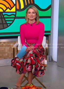 Amy’s pink top and red floral skirt on Good Morning America