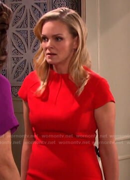 Belle's red cap-sleeve dress on Days of our Lives