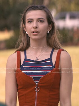 Blair’s blue striped cami and red corduroy dress on Teenage Bounty Hunters