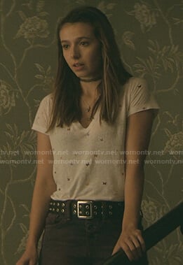 Blair’s white butterfly print tee on Teenage Bounty Hunters