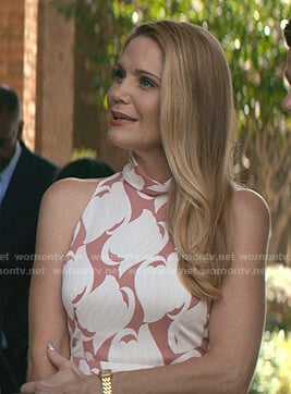 Debbie's white and pink printed mock neck dress on Teenage Bounty Hunters