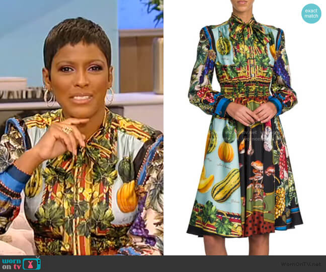 WornOnTV Tamron’s mixed print tie neck shirtdress on Tamron Hall Show