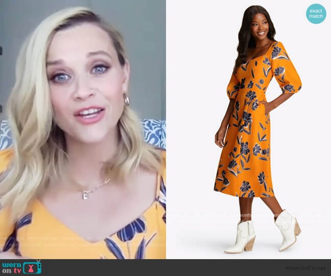 Marigold Floral June Dress by Draper James worn by Reese Witherspoon on The Drew Barrymore Show