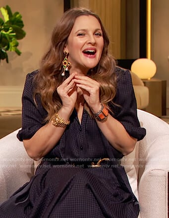 Drew's black silk tie neck dress on The Drew Barrymore Show