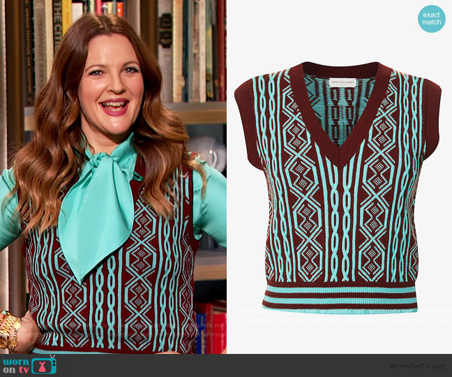 Cropped V-neck wool vest by Dries Van Noten worn by Drew Barrymore on The Drew Barrymore Show