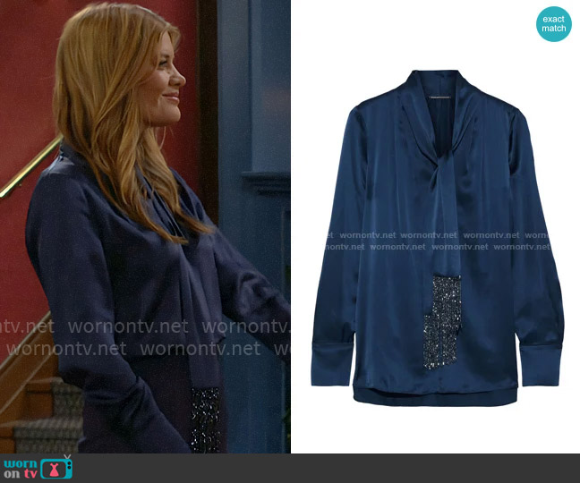 Elie Tahari Kendal Beaded Tieneck Silk Blouse worn by Phyllis Summers (Michelle Stafford) on The Young and the Restless