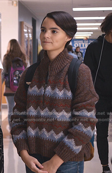 Elodie's brown fair isle sweater on Trinkets