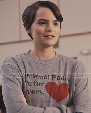 Elodie’s gray Nation Parks sweatshirt on Trinkets