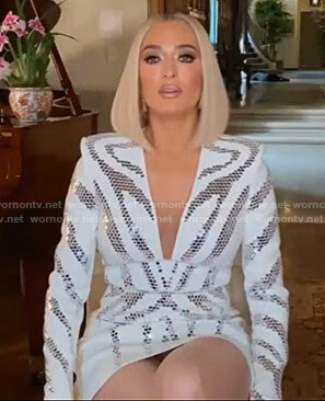 Erika’s white embellishes mini dress on The Real Housewives of Beverly Hills
