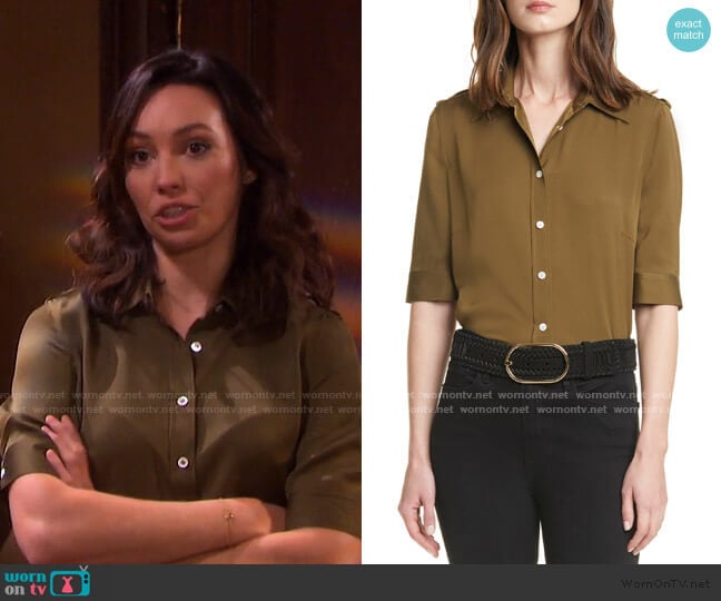 70s Epaulet Silk Shirt by Frame worn by Gwen Rizczech (Emily O'Brien) on Days of our Lives