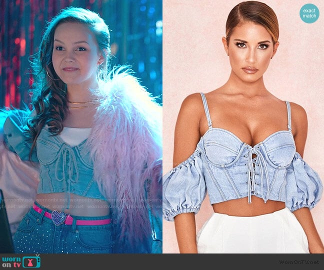 Denim Puff Sleeve Corset Top by House of CB worn by Carrie (Savannah Lee May) on Julie & the Phantoms