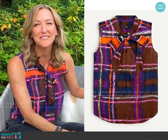 Tie-Neck Blouse in Speckled Plaid by J. Crew worn by Lara Spencer on Good Morning America