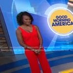 Janai’s red sleeveless draped jumpsuit on Good Morning America