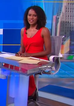 Janai’s red sleeveless draped jumpsuit on Good Morning America