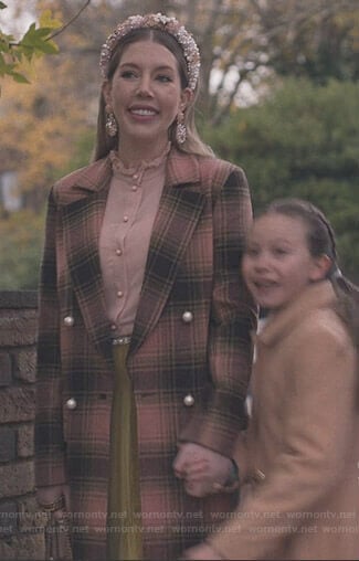 Katherine's pink ruffle blouse and plaid coat on The Duchess