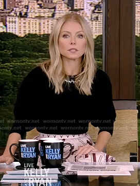 Kelly’s black embellished sweater and print skirt on Live with Kelly and Ryan