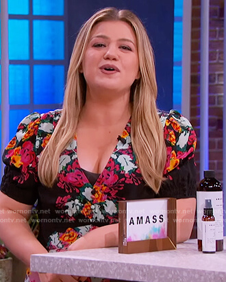 Kelly’s black floral print dress on The Kelly Clarkson Show