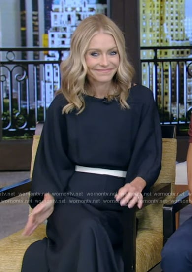 Kelly's navy elbow sleeve midi dress on Live with Kelly and Ryan