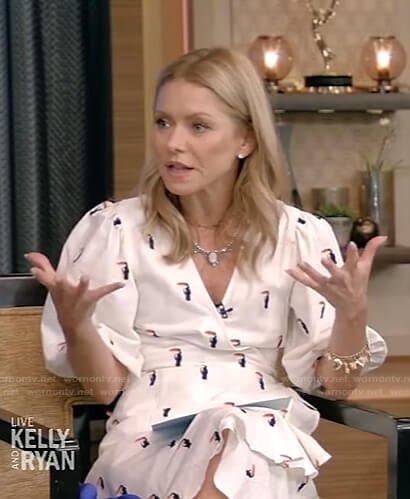 Kelly's white embroidered wrap dress on Live with Kelly and Ryan