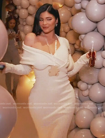 Kylie’s white draped knit dress on Keeping Up with the Kardashians