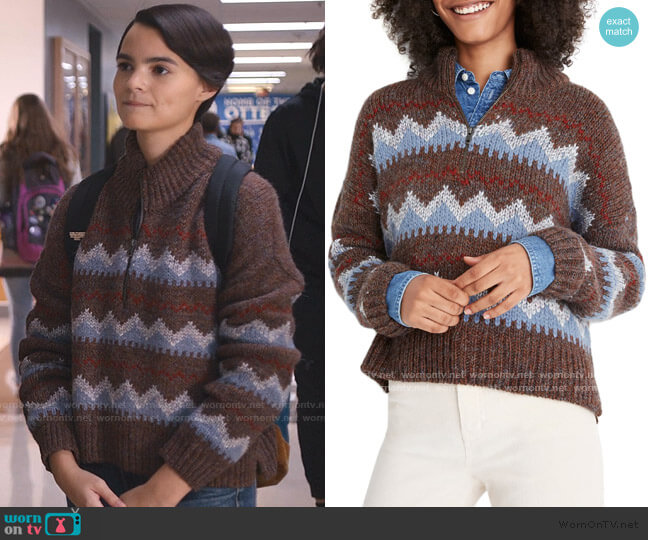 Stowe Fair Isle Half Zip Sweater by Madewell worn by Elodie Davis (Brianna Hildebrand) on Trinkets