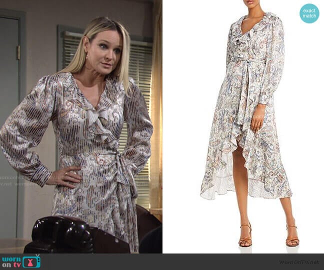 Roxie Ruffled & Striped Paisley Midi Dress by Maje worn by Sharon Newman (Sharon Case) on The Young and the Restless