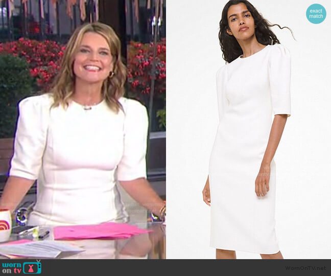 Stretch Bouclé Puff-Sleeve Sheath Dress by Michael Kors worn by Savannah Guthrie on Today