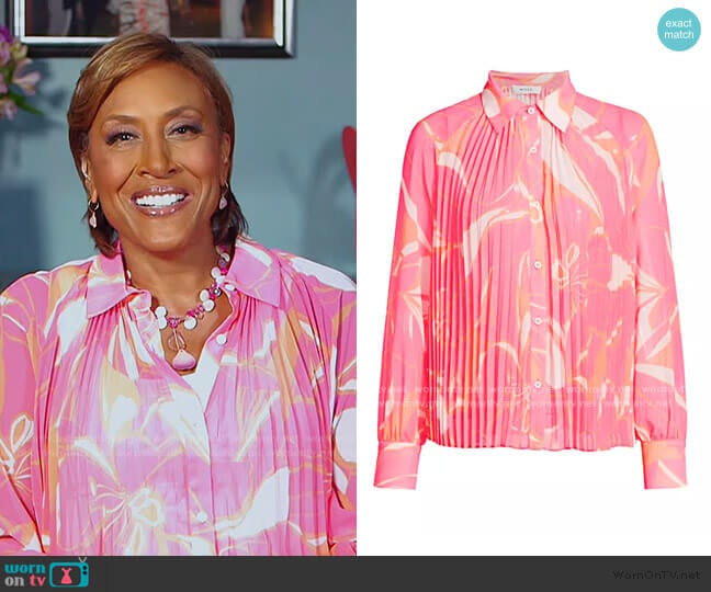 Pleated Stencil Floral Shirt by Milly worn by Robin Roberts on Good Morning America