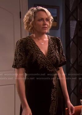 Nicole’s black embroidered velvet wrap dress on Days of our Lives