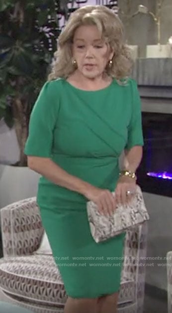 Nikki's green sheath dress and snakeskin clutch on The Young and the Restless