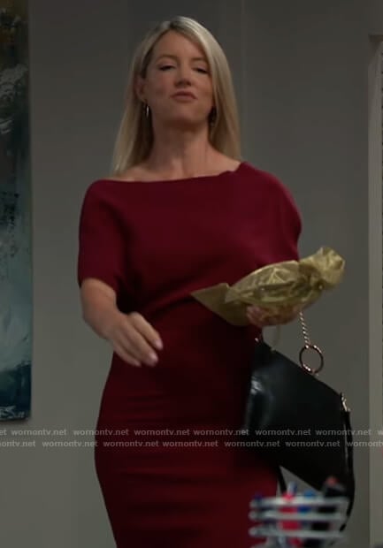 Nina’s burgundy off shoulder dress on General Hospital