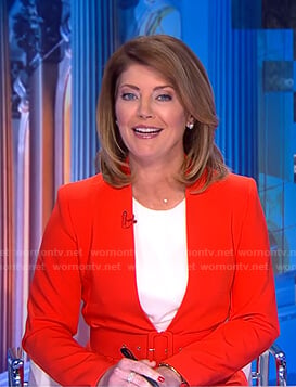 Norah’s red lapelless blazer on CBS Evening News