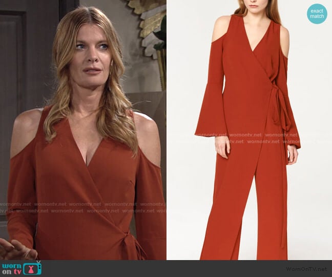 V-Neck Cold Shoulder Jumpsuit With Asymmetric Wrap Front by Paisie worn by Phyllis Summers (Michelle Stafford) on The Young and the Restless