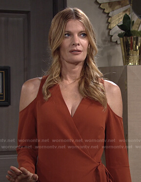 Phyllis’s red cold-shoulder wrap jumpsuit on The Young and the Restless