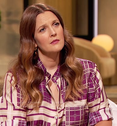 Drew’s purple chain print blouse on The Drew Barrymore Show
